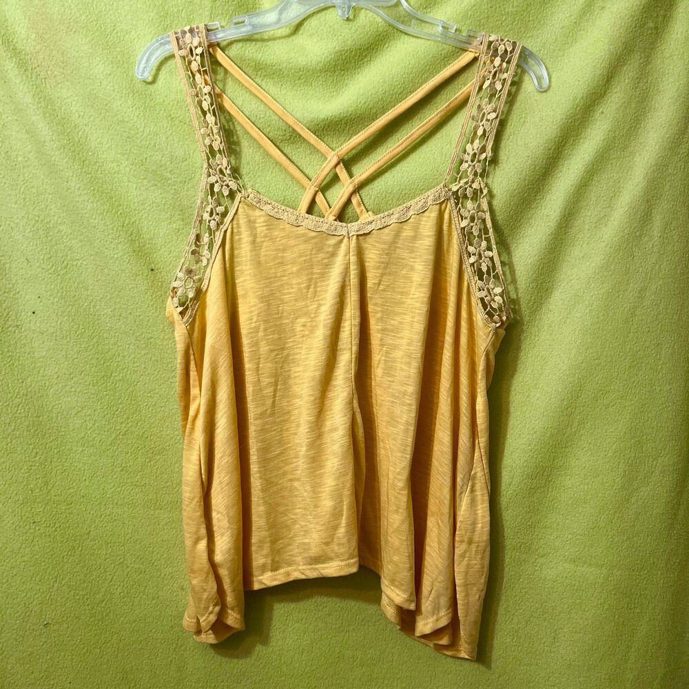 Bongo Yellow Flowy Tank Top Crochet Lace Cross Back XL Strappy